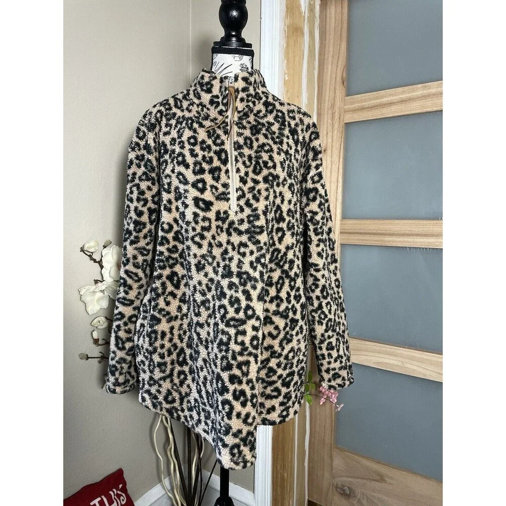 Maurices XL Sherpa Leopard 1/4 Zip Pullover Top Pockets Soft Black Tan